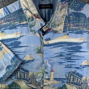 Nautica Beach Print Ocean Vacation Shirt Short Sleeve Floral Boats Large Cotton